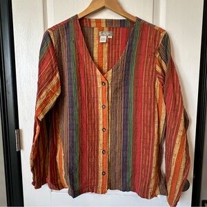 The Territory Ahead Stripe V-neck Button Front Blouse Long Sleeve Textured Woven